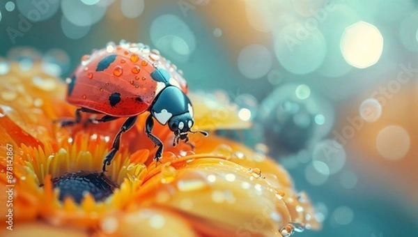 Fototapeta A close-up macro shot of a ladybug on an orange flower with water droplets and a bokeh background. The image captures the intricate details of the insect and floral petals beautifully.