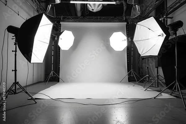 Fototapeta Cyclorama Studio: White Background with Camera Equipment and Softbox Flashes