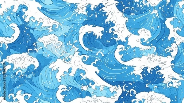 Obraz seamless pattern: sea ocean waves, storm in anime style. ai generated