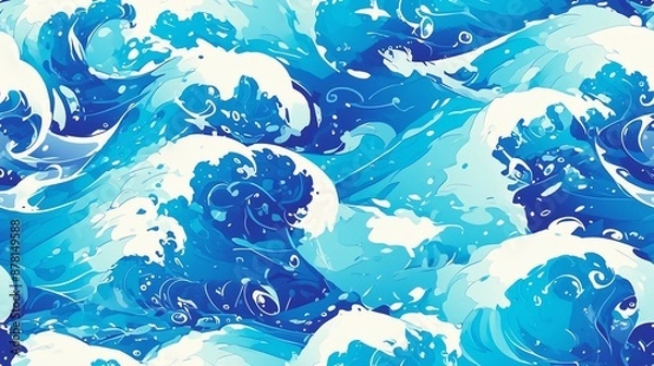 Obraz seamless pattern: sea ocean waves, storm in anime style. ai generated