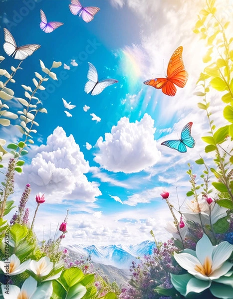 Fototapeta A vibrant summer scene of butterflies fluttering over a lush garden Image description