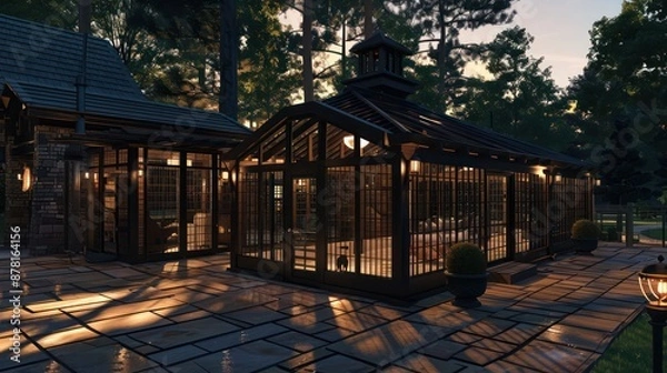 Obraz Ranch house with a custom, luxury dog kennel that mimics the style of the main house, providing a stylish home for pets
