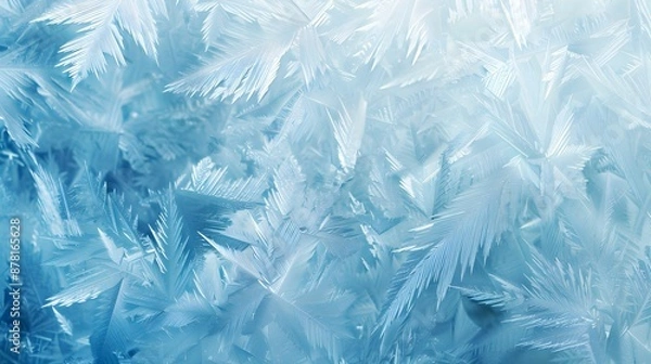 Fototapeta Close-Up of Intricate Frost Patterns on Glass in Cool Blue Tones
