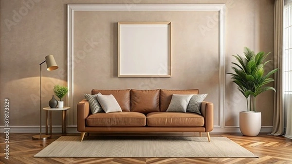Fototapeta Modern living room with beige walls, wooden floor, comfortable brown sofa and mock up poster frame