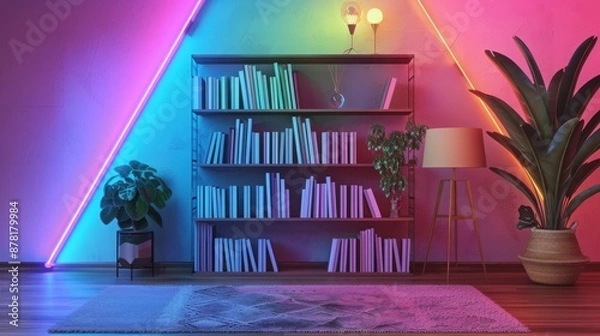 Fototapeta A home bookshelf with a lamp and a rug is located against a neon triangle wall