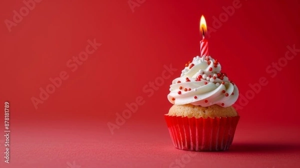 Obraz Celebratory Cupcake: Pink Frosted Delight with Single Candle, Generative AI