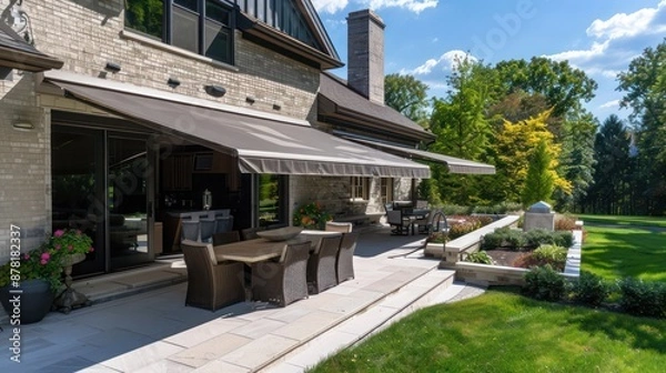 Obraz Suburban ranch with a large, retractable awning over the patio for adjustable shade and weather protection