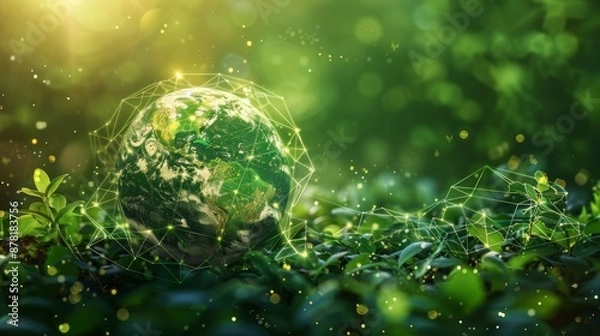 Fototapeta A conceptual illustration of a green planet Earth surrounded by a network of data nodes, highlighting the importance of environmentally sustainable database practices.