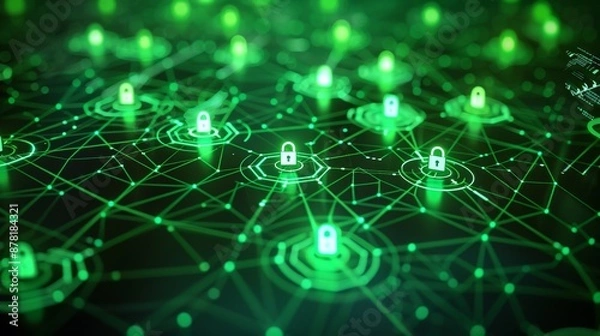 Fototapeta An abstract illustration of a green, interconnected network with lock icons, illustrating the concept of secure and environmentally-friendly connectivity.