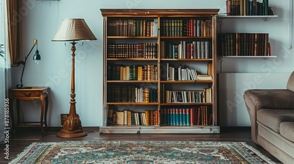Fototapeta A home bookshelf with a lamp and a rug is located against a white wall