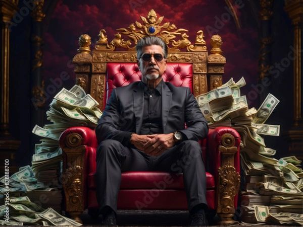 Obraz An older man sits on a throne surrounded by tons of banknotes
