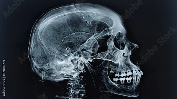 Fototapeta An X-ray from the side of a human skull, showing precise details of the bone structure and teeth.