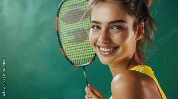 Fototapeta Close-up of a European woman smiling while holding a badminton racket, wearing a yellow sports outfit, standing in front of a green background, Portrait close-up, hyper-realistic, high detail,