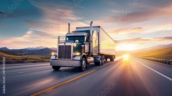 Fototapeta A powerful semi-truck driving on a highway at sunset, with a stunning mountain landscape in the background.