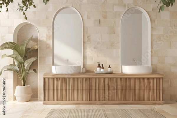 Fototapeta Modern bathroom interior with wooden vanity, dual sinks, and arched mirrors on beige tiled wall. Architectural photography for design