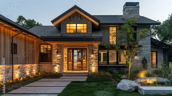 Obraz modern suburban farmhouse with a blend of stone and wood, featuring a large, inviting front door and soft landscape lighting