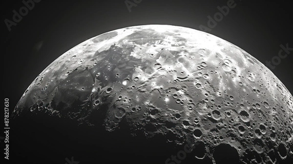 Fototapeta Moon surface with craters on dark background. Fragment of half of lunar surface, close-up