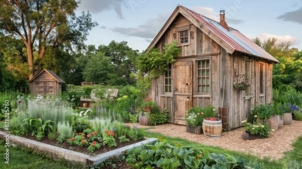 Obraz quaint garden shed made of reclaimed wood, matching the style of the suburban farmhouse it accompanies