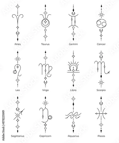 Fototapeta Set of zodiac sign and symbol blackwork tattoo. Sacred geometry horoscope tattoo design collection, mystic symbol of constellation. New school dotwork, line art minimalist style tattoo. Boho design.