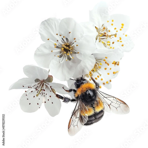 Obraz Harmonious Bee and White Blossom on Transparent Background