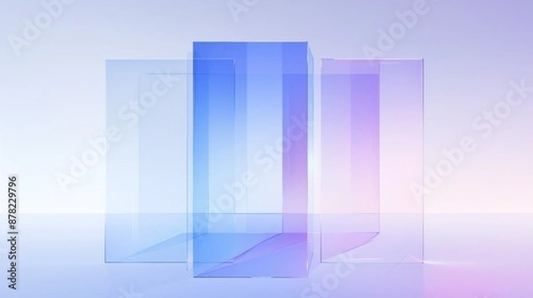 Obraz Three rectangular transparent glass blocks with a gradient, translucent color background. The glass material creates the impression of three-dimensional space. Minimalist style soft lighting