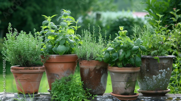 Fototapeta A row of potted plants with herbs in them. The plants are in different sizes and are placed in a row