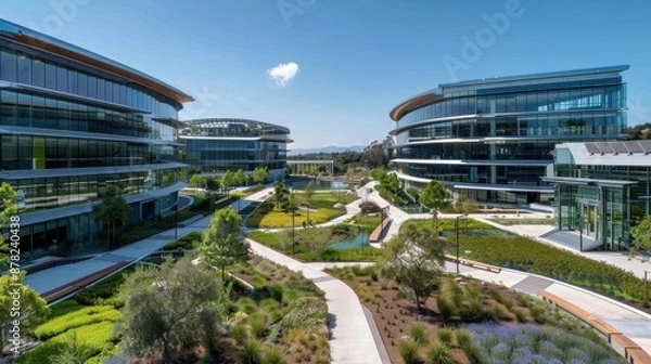 Fototapeta Design a cutting-edge tech company campus with sustainable architecture and green spaces. Use a palette of eco-friendly greens
