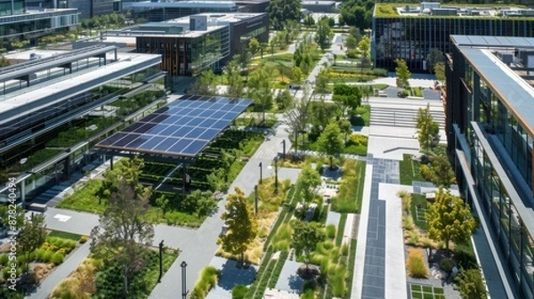 Fototapeta Design a cutting-edge tech company campus with sustainable architecture and green spaces. Use a palette of eco-friendly greens