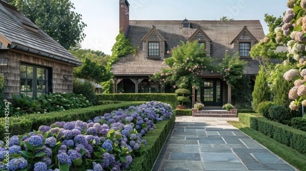 Obraz suburban farmhouse with a New England cottage style, featuring a shingled roof and hydrangeas lining the walkway