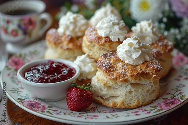 Fototapeta A plate of scones, served with clotted cream and strawberry jam, arranged on a floral plate. 