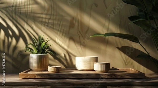 Obraz Wooden Bowls and Planter in Natural Light with Leaf Shadows