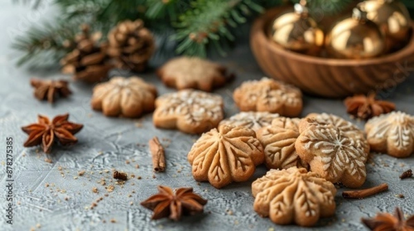Fototapeta Christmas cookies shaped like walnuts with condensed milk filling on a gray table with space for text Traditional Russian dessert oreshki Vertical shot