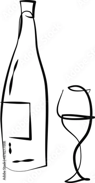 Fototapeta Continuous single drawn one line bottle of champagne or wine and glass hand-drawn picture silhouette