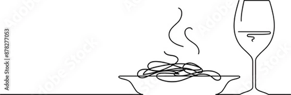 Fototapeta Continuous single drawn one line champagne or wine glass and dish plate hand-drawn picture silhouette
