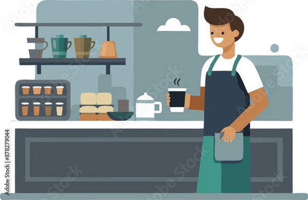 Fototapeta Smiling barista holding a coffee cup in a modern café setting