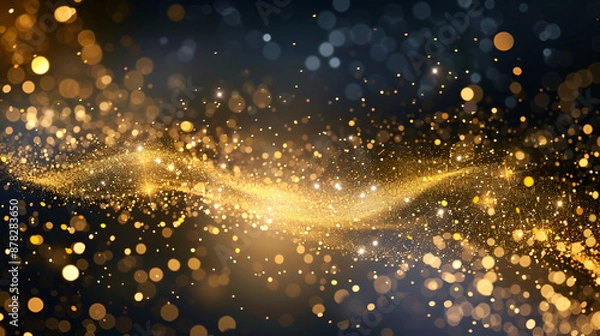 Obraz Golden sky. Abstract stardust smoky wave particles, Nano dynamic flow with 3d render particles gold heaven or space,glitter vintage lights background, dark gold and black, defocused

