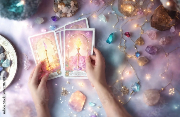 Fototapeta Shiny pastel coloured Tarot Reading Session with Crystals - AI generated