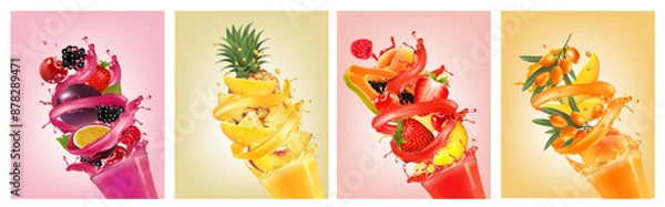 Fototapeta Set of fruit juice splash. Whole and sliced pineapple, mango, peach, orange, cherry, blueberry, strawberry, papaya, sea buckthorns in juice with splashes and drops. Vector