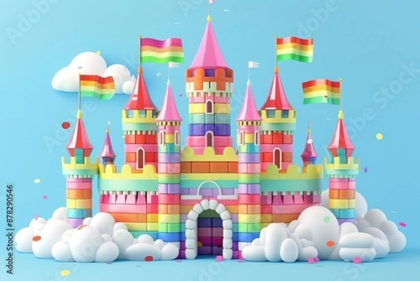 Fototapeta A rainbow castle with flags on the roof