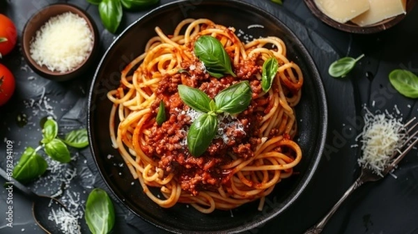 Fototapeta Close-up of a plate of Italian pasta with spices, top view, spicy herbs and tomato sauce and parmesan on a dark kitchen background, perfect for a healthy food recipe website or cooking school website