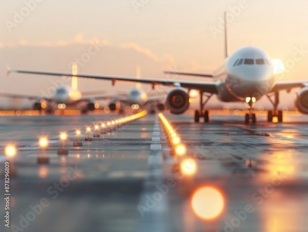 Fototapeta Modern Airline Planes Lined Up on Apron: Minimalist View of Sleek Aircraft Design