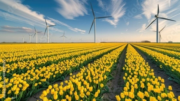 Fototapeta Vibrant yellow tulip fields with towering windmill turbines in the Netherlands, Europe