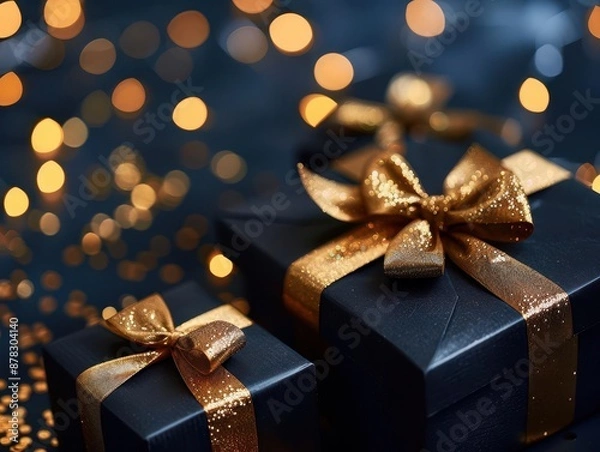 Fototapeta elegant black gift boxes with golden ribbon bows dark blue background with bokeh lights festive atmosphere luxury giftgiving concept