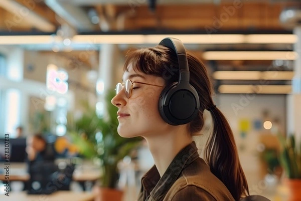 Obraz Capture a young professional using a noise-canceling headset in an open-plan office, emphasizing the tools that support neurodiverse individuals in the workplace