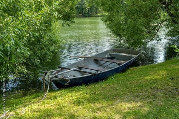 Obraz A small rowing boat near the shore in pond
