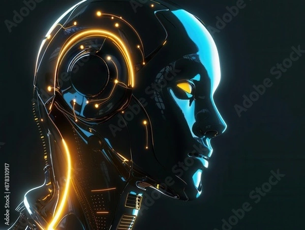 Fototapeta futuristic profile of android head with glowing neural network neon blue and yellow accents on sleek metallic surface