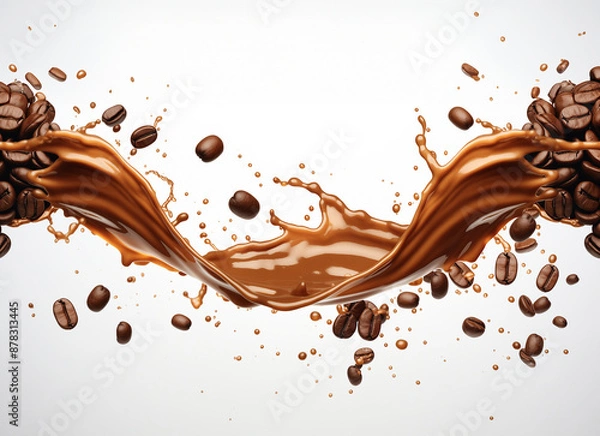 Fototapeta Coffee beans with cappuccino splash in the center on white background, GenerativeAI, Closeup of coffee bean