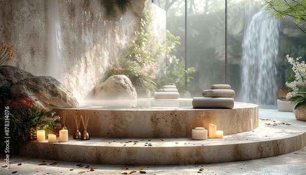 Obraz Stone podium, Meditation supplies, relaxation center, Thai massage, balancing on a stone, towel roller, flowers, candles and water for relaxation