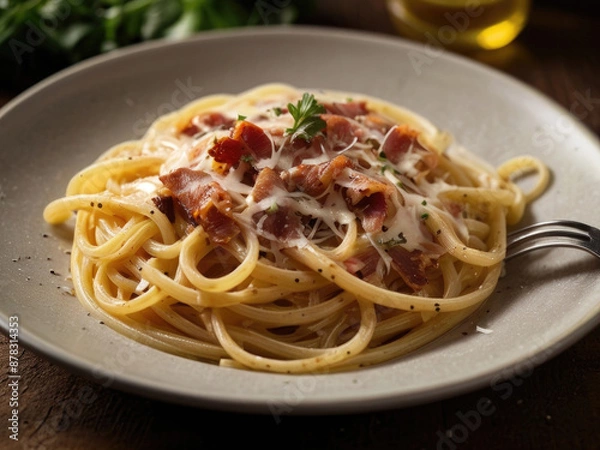 Obraz A plate of creamy spaghetti carbonara topped with a raw egg yolk, crispy bacon bits, and a sprinkle of fresh parsley, served on a rustic wooden table