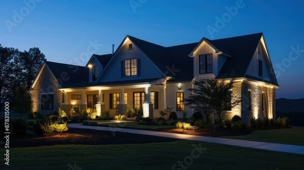 Obraz Nighttime scene of a suburban farmhouse with the exterior softly illuminated by landscape lighting, enhancing the architectural details